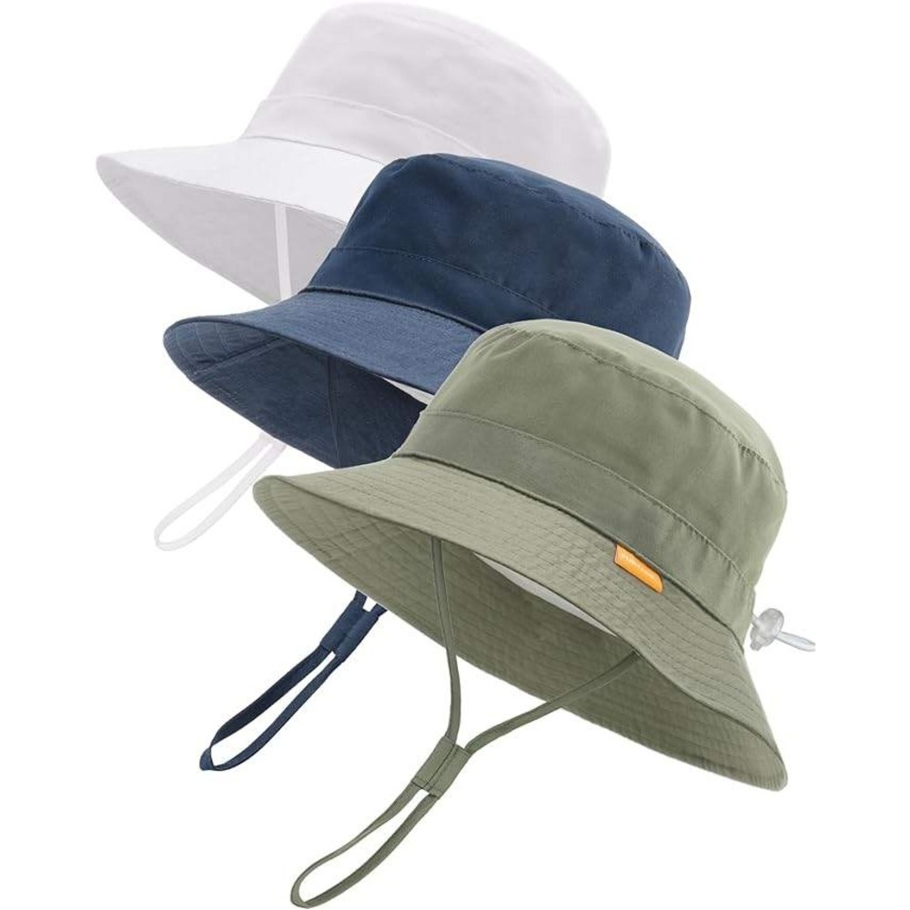 Kids Wide Brim Sun Hat UPF 50+ Cotton Adjustable Bucket Hat w/ Chin Strap-3 Hats